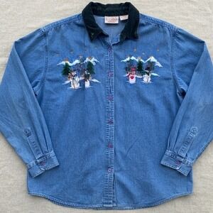 vtg christmas Denim top Snowman Embroidered Corduroy kitsch snow‎ tree holiday